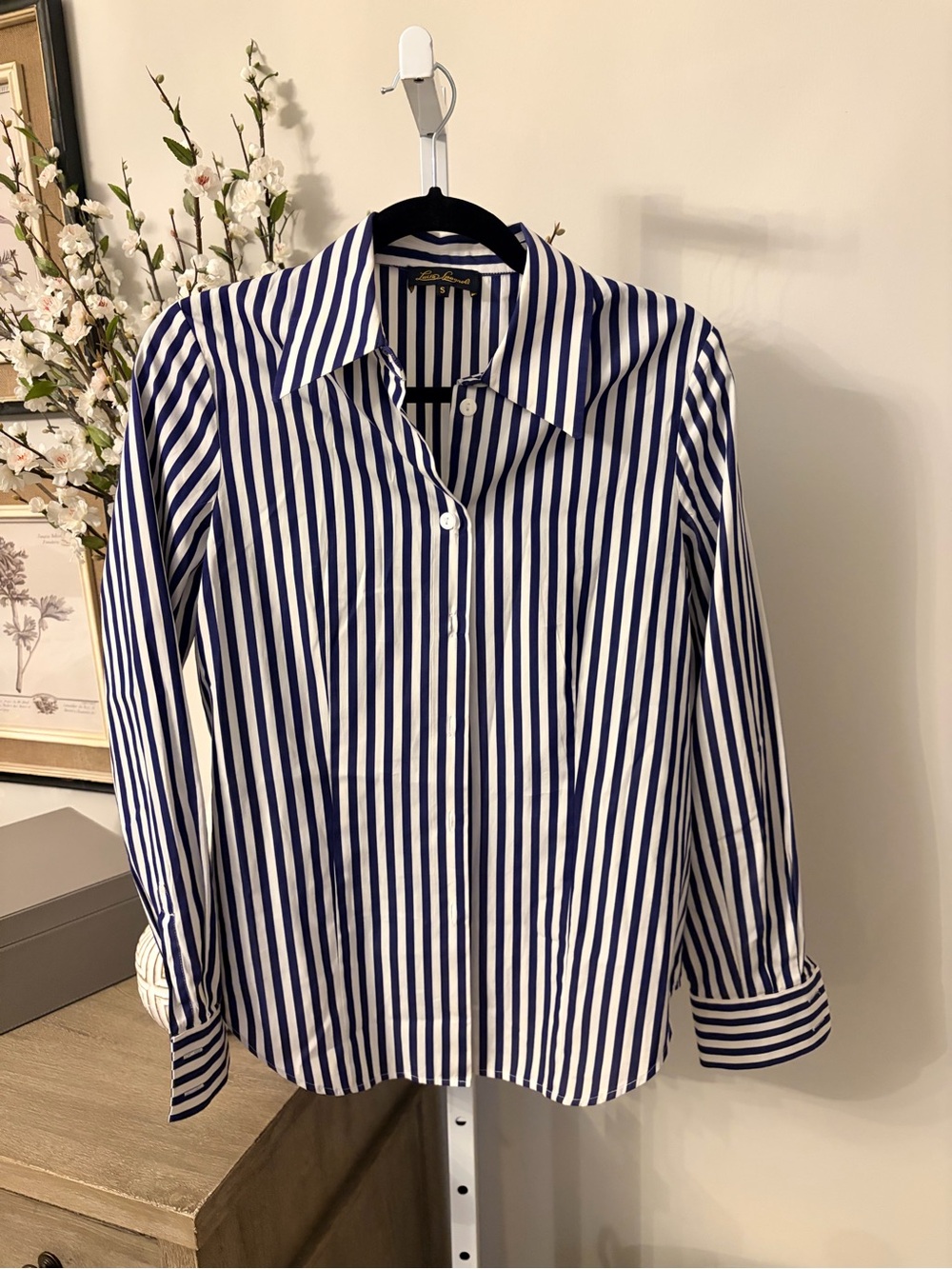 Luisa Spagnoli Navy and White Vertical Stripe Button-Down Shirt